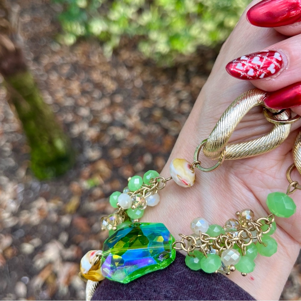 Vintage Gold Link Green Glass Necklace Jewelry Beads Cocktail Y2K Statement Rare - Picture 12 of 14